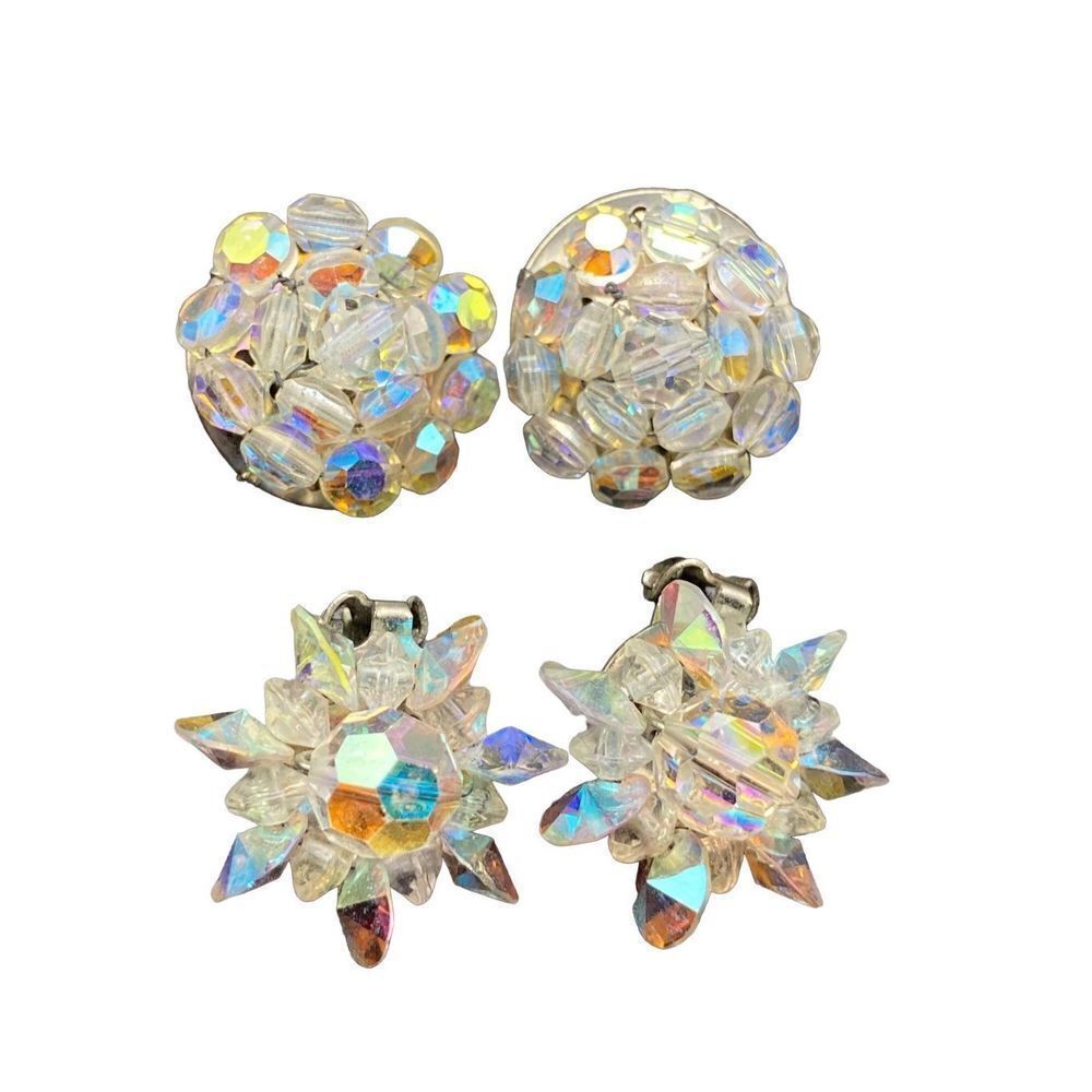 Vintage Clip On Aurora Borealis Crystal Earrings -set of two strong clips